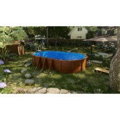 GRE Piscine Ovale Acier Gré Pacific Imitation Bois - 7,30 X 3,75 X 1,20 M -Piscines Ubbink Boutique kit730w piscine ovale acier gre pacific imitation bois 730 375 120 ambiance 2